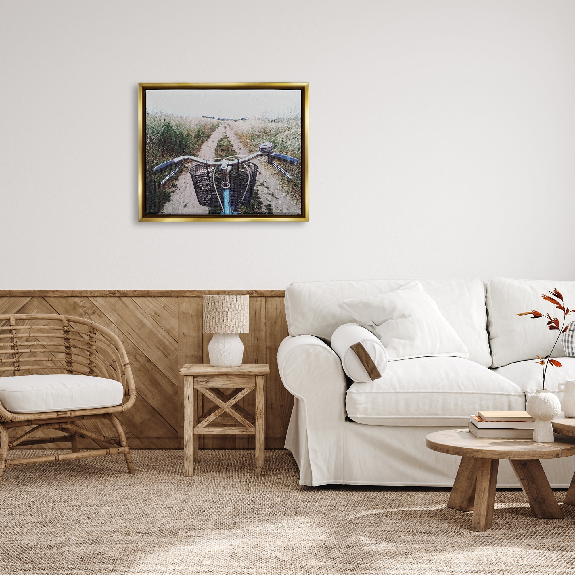 Stupell Industries Bicycle on Rural Path Nature Photography Gold Floater Framed Art Print Wall Art, 31 x 25
