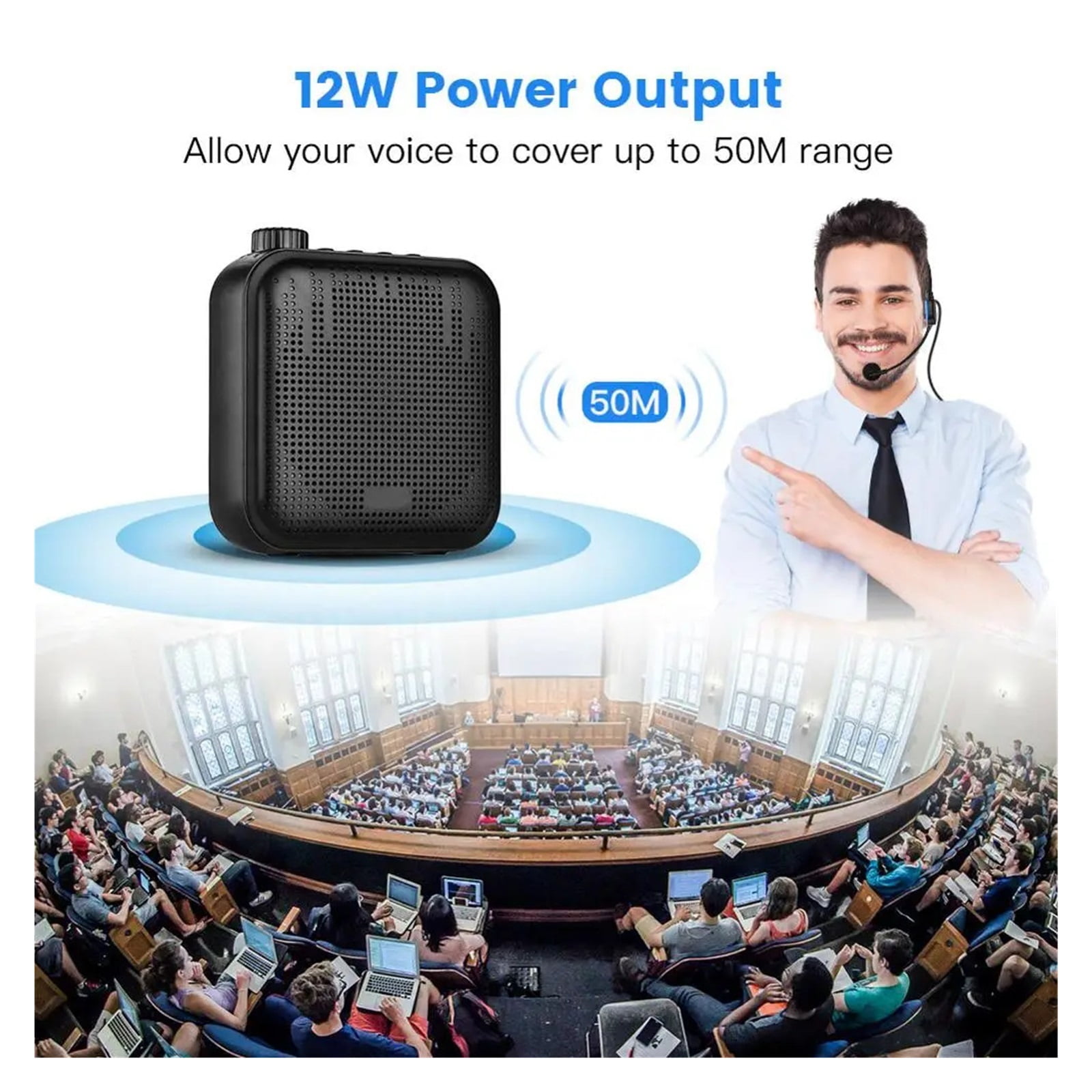 12W Voice Amplifier Portable Mini With Sound-amplifying Music Playing Wired Microphone Headset Waistband 2000mAh Battery ,Powerful&Original Sound
