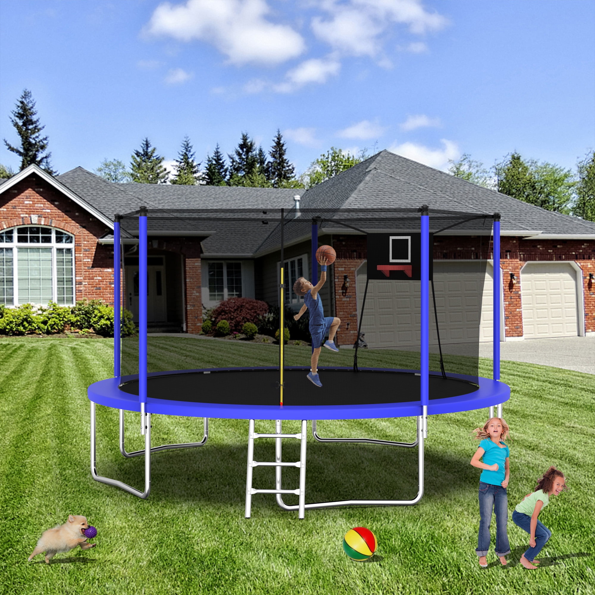 CASEMIOL 14FT Trampoline Outdoor for Kids and Adults, 1000 LBS Weight Capacity, with Enclosure Net, Basketball Hoop, and Ladder – Recreational Trampoline for Family Fun, Blue