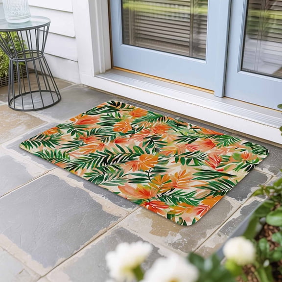 Orange Green Palm Leaves Door Mat Indoor Outdoor, Summer Tropical Floral Non Slip Welcome Mat with Rubber Backing, Absorbent Fabric Front Door Mats Entryway Rug for Home Patio Entrance 18"x30"