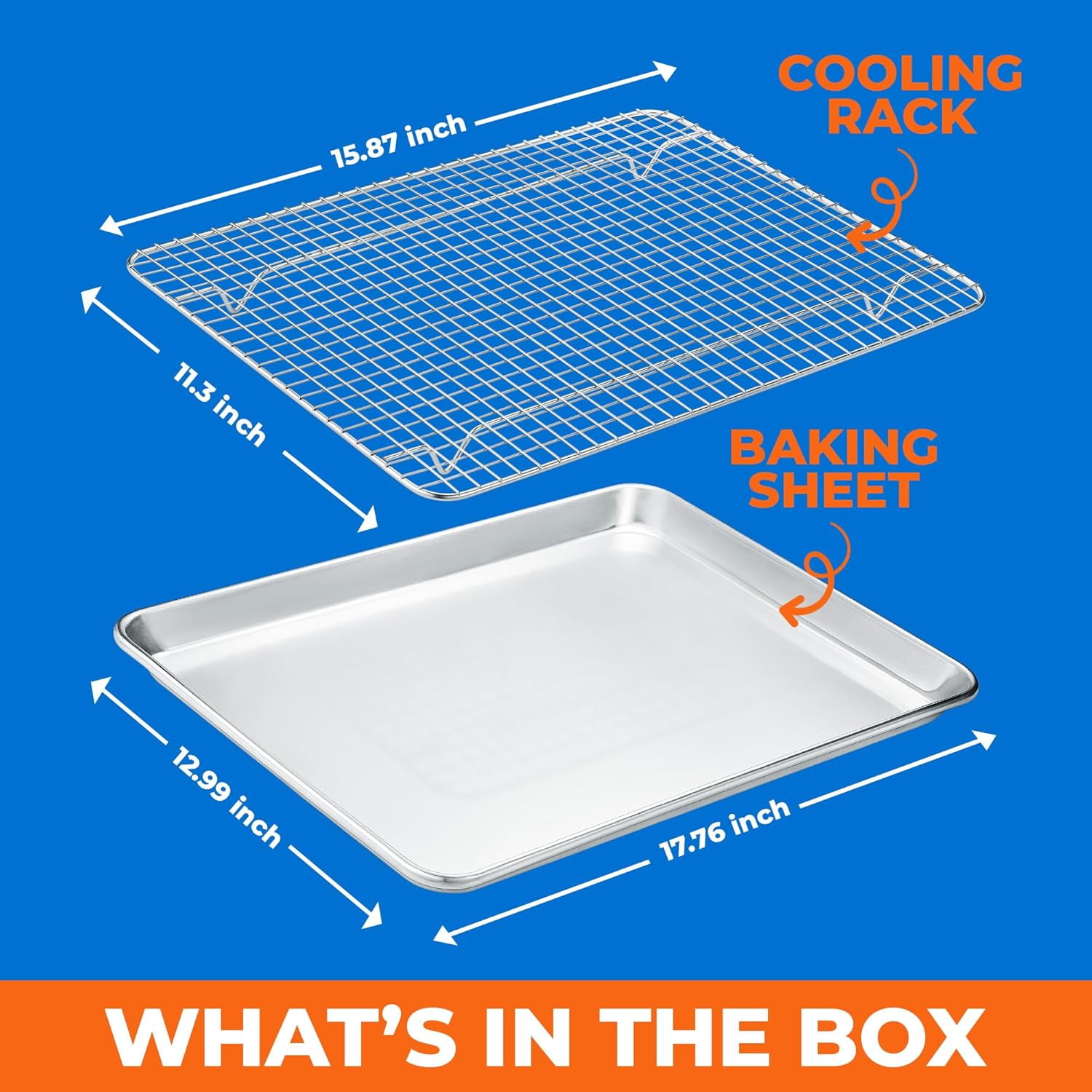 Baking Pan Set - 13" x 18" Aluminum Baking Pan with Stainless Steel Cooling Rack Set, Recipe Booklet Included, Oven Safe Tray, Resist Heat Up to 500° F, Set of 2