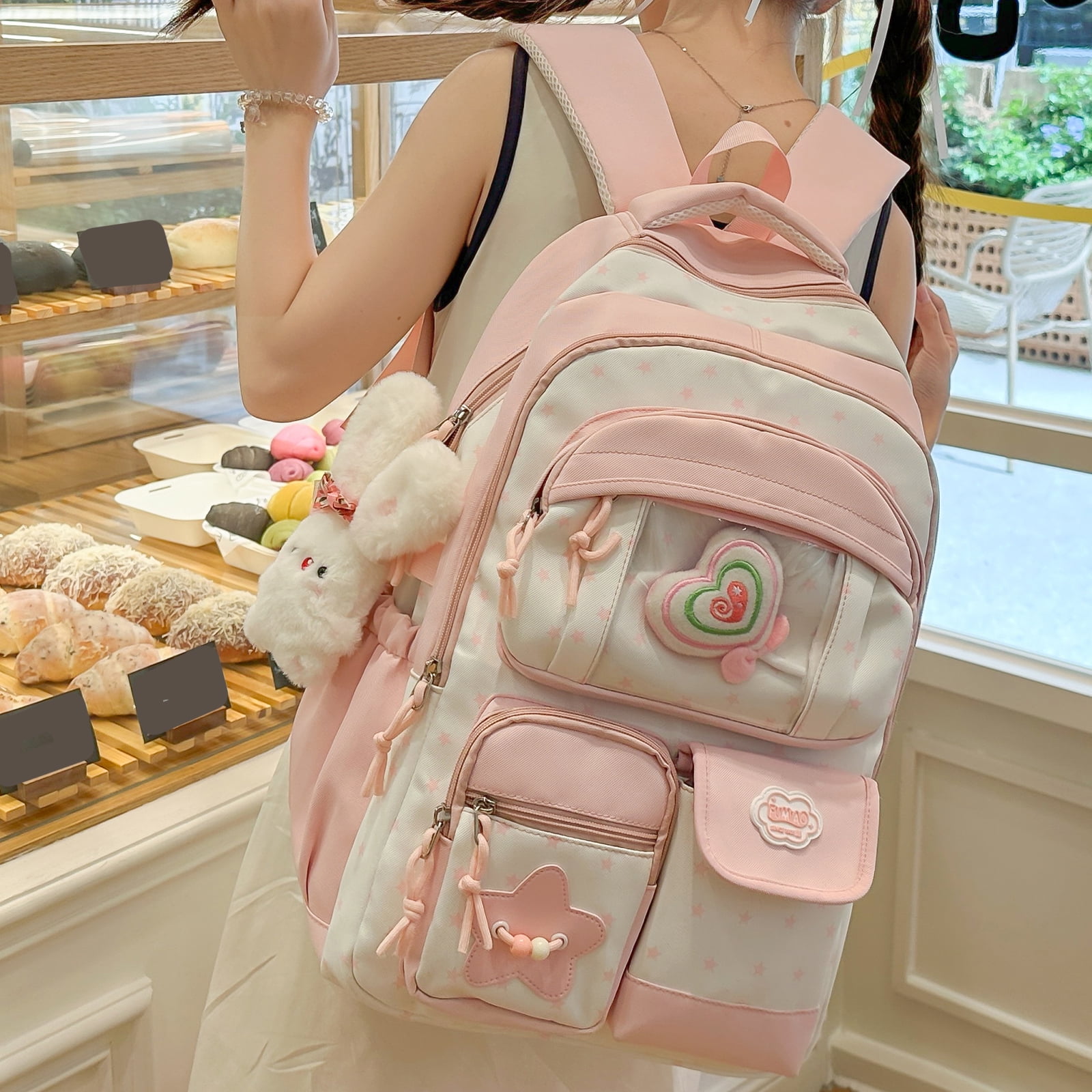 HUISZJ Multi-Pockets School Backpack, Large Capacity School Bag, Floral Print Backpack for Students College Travel, Pink