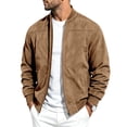 thumbnail image 2 of FRSASU Men's Faux Suede Bomber Jacket Zip‑Up Ribbed Collar Casual Lightweight Outerwear with Side Pockets Beige, 2 of 8
