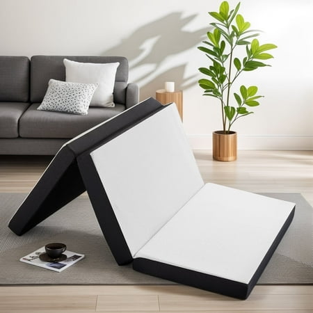 Smiaoer 3 inches Folding Queen Size Memory Foam Mattress with Cover Tri-fold Portable Mattress Topper for Guest Bed Camping