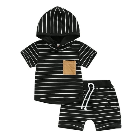 

Elippeo Baby Boys Summer Outfits 6M 12M 18M 24M 3Y Stripes Short Sleeve Hooded Sweatshirt and Casual Elastic Drawstring Shorts Set