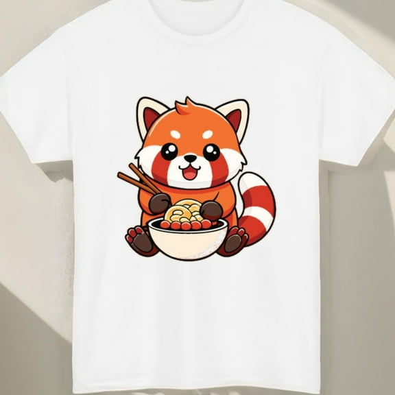 Natee Men'S Funny Red Panda Eating Ramen Graphic T-Shirt - Cute Japanese Foodie Animal Tee, Soft Breathable Everyday Shirt for Anime & Japan Food Lovers - Deal!, Casual Wear, Cartoon Print, Durable