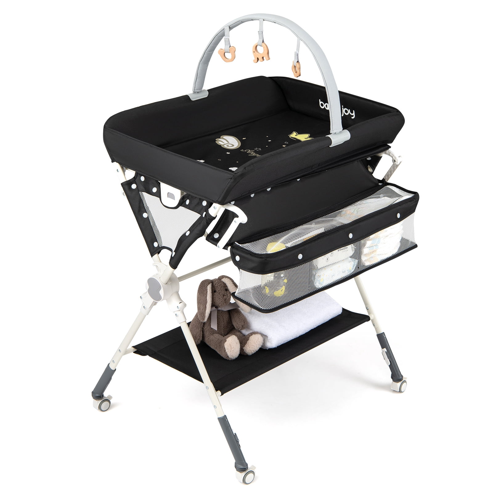 Babyjoy Baby Changing Table with Storage Bag Shelf Toys Lockable Wheels Adjustable Heights Black