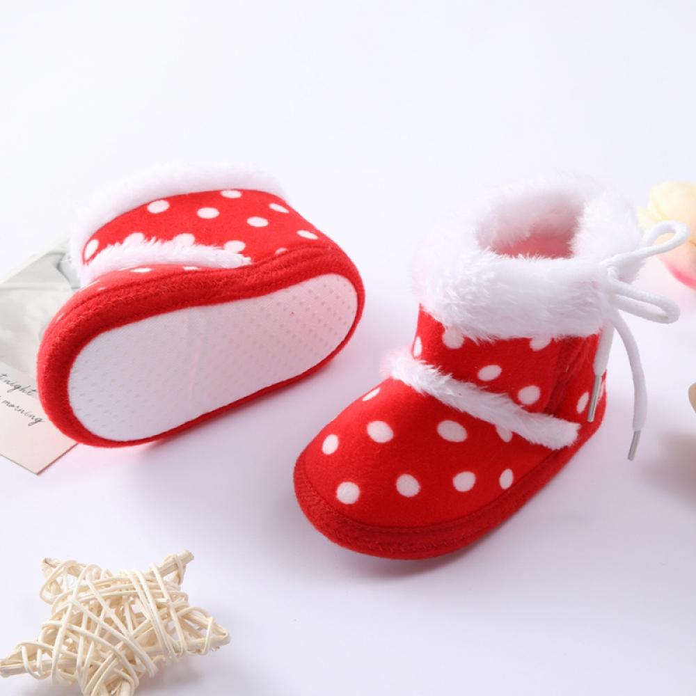 Wuffmeow Baby Fleece Boots Polka Dot Cotton Soft Sole Plus Velvet Warm Laceup Toddler Shoes For