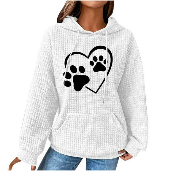 Fashion Waffle Long Sleeve Hoodies for Women Plus Size Cute Graphic Print Casual Pullover Sweatshirt Fall Winter Tops(White,XL)