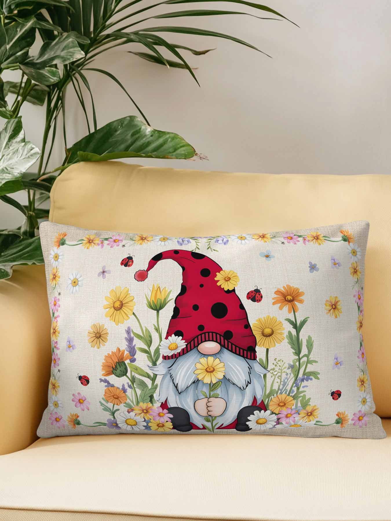 Outdoor Pillows Waterproof, Daisy Gnomes Bedding Throw Pillows with Insert for Couch Sofa Bed, Farmhouse Pastoral Garden Floral Burlap 12x20 Inch Pillowcases Decorative Camping Patio Pillow Set of 1