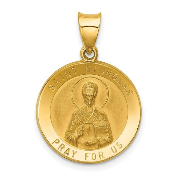 14k Polished and Satin Hollow St Nicholas Medal Round Pendant