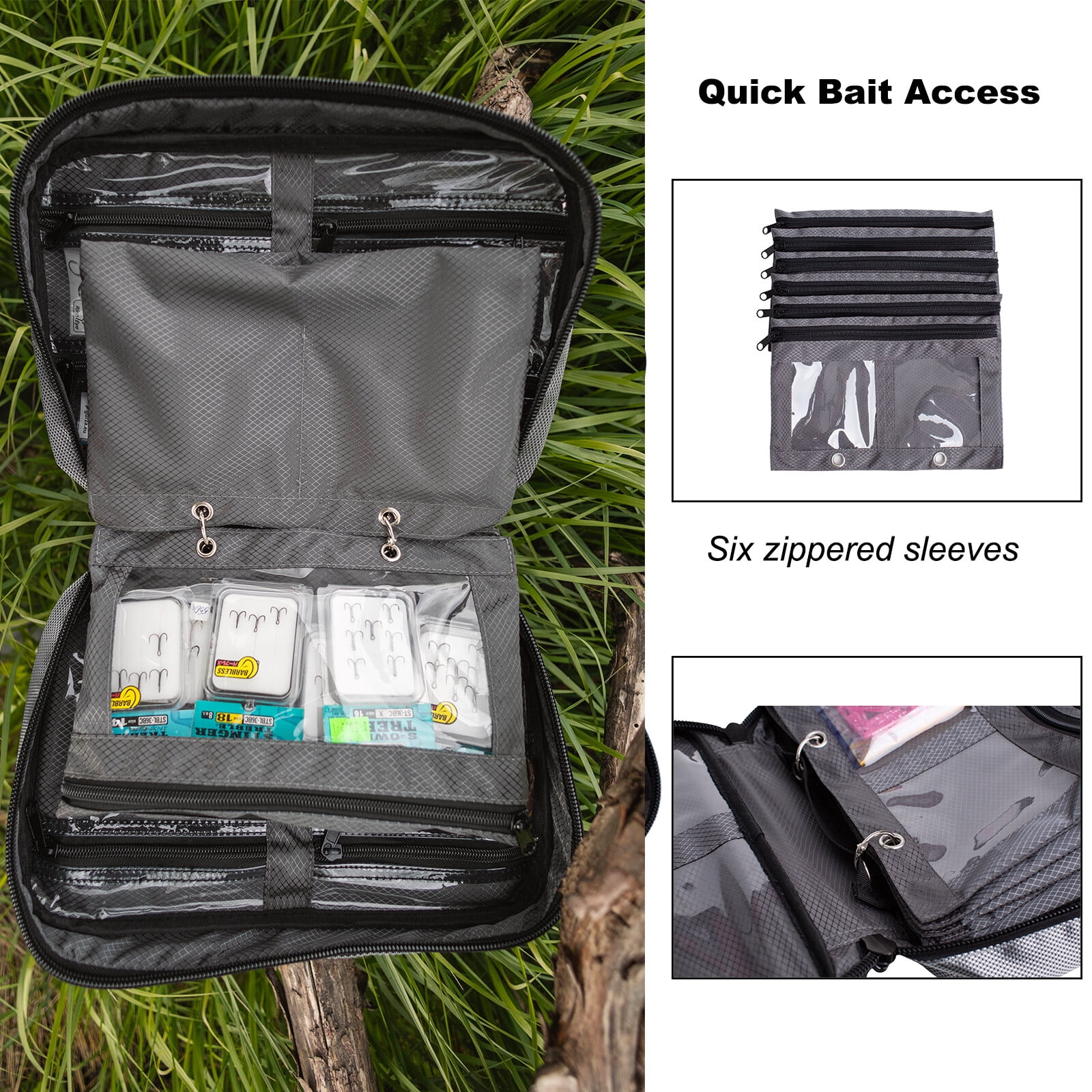 Kylebooker Soft Plastic Bait Storage Bag 6 Soft Bait Binder Compartments Water-Resistant Tackle Binder Organize for Lines, Hooks, Sinkers（Black）