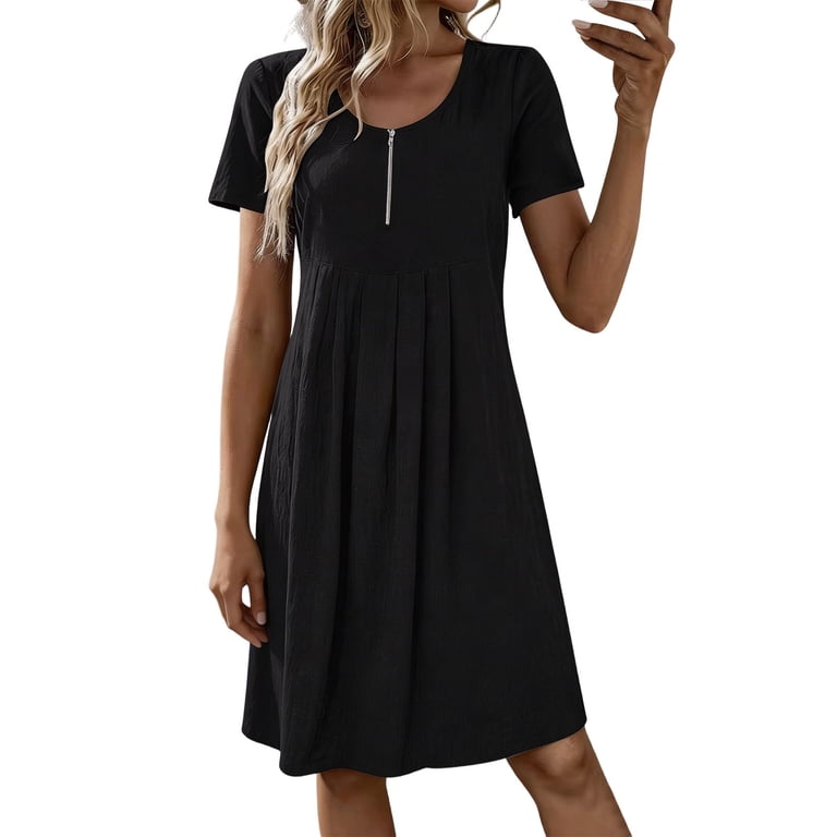 black a line knee length dress Women's Crew Neck Front Zipper Midi Dress, Short Sleeve Solid Gathered Bust Loose A-Line Knee-Length Casual Swing XL(XL) New Styles by Chic YC 2026-09-19
