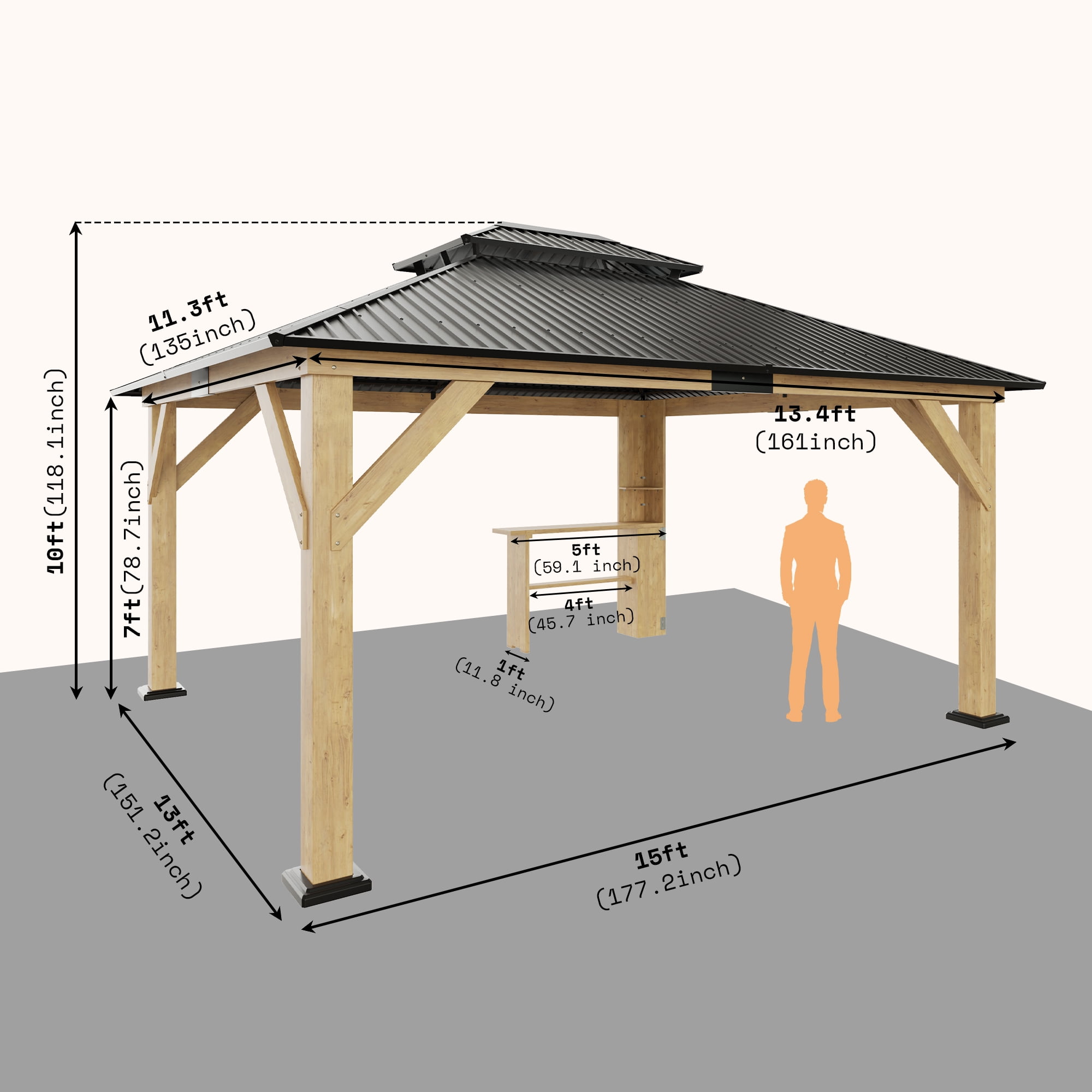 Merluxy Wood Gazebo 13'x15', Wind & Rain Resistant Design, Grill Gazebo for Garden, Backyard