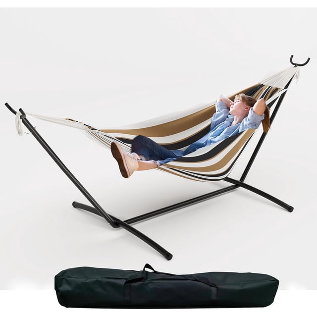 IdealHouse Hamac Double en Coton avec Support en Acier Robuste et Résistant à la Rouille, Capacité de 450 Lb Hamac Traditionnel Tissé Portable avec Sac de Transport pour Cour Arrière, Jardin et Camping, Café