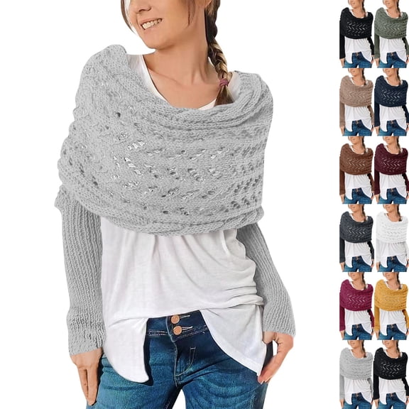 Knitted Cable Wrap Shawl with Sleeves, Multifunctional Scarf Light Gray
