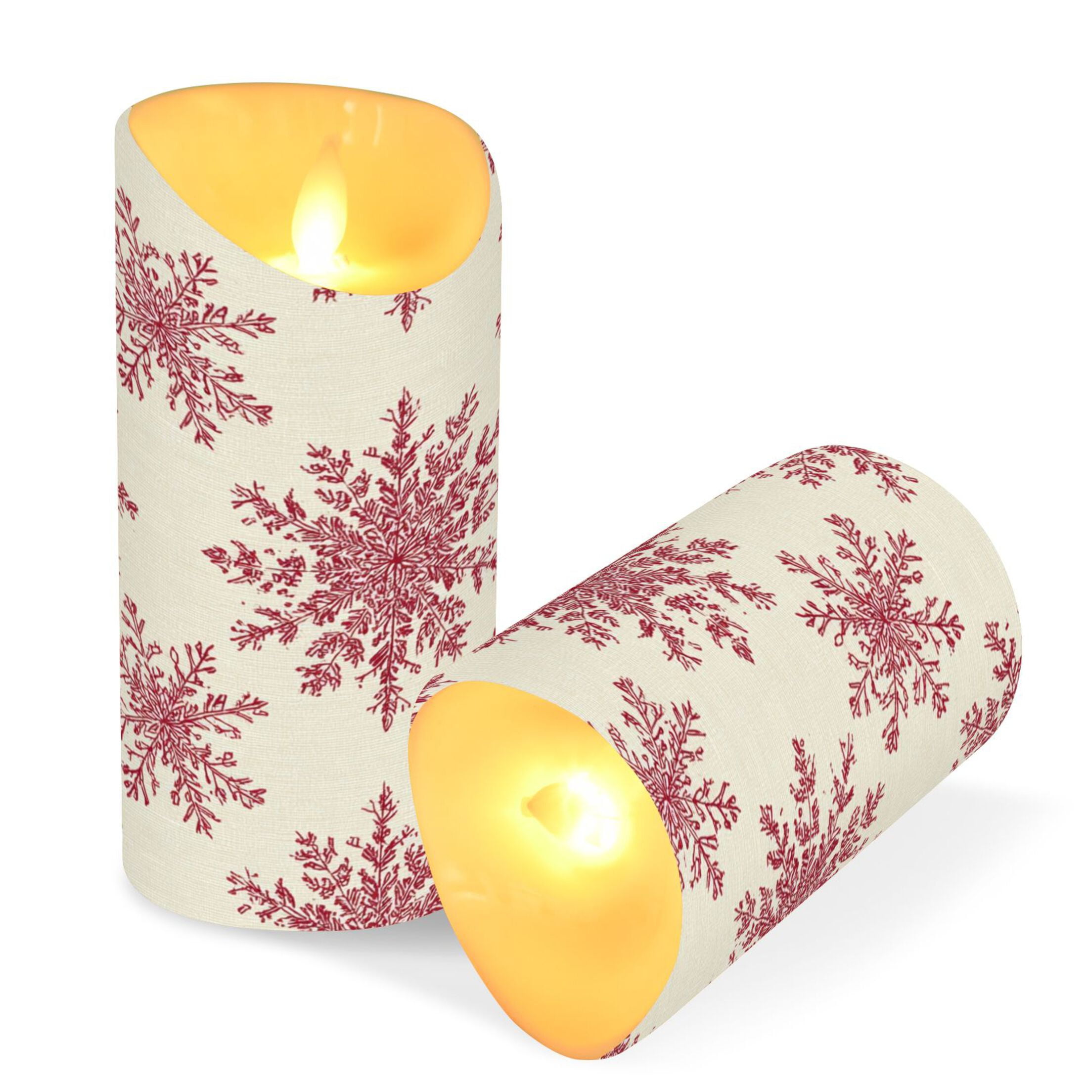 2 PCS Tilted Flameless Candles Flickering LED Lights Battery Operated Candles with Remote Timers for Holiday Decor Elegant Red Snowflakes Pattern