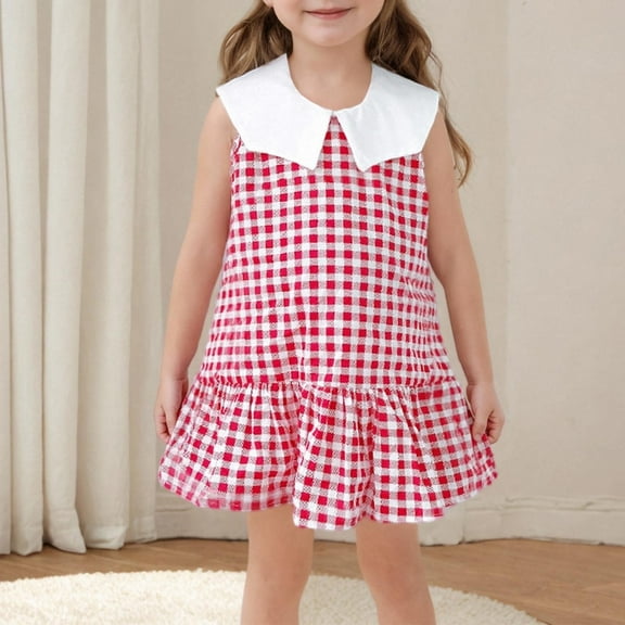 Toddler Girl Clothes under $5 Sleeveless Turdown Collar Plaid Dress Summer Dress 1-5Y Red 4 Years