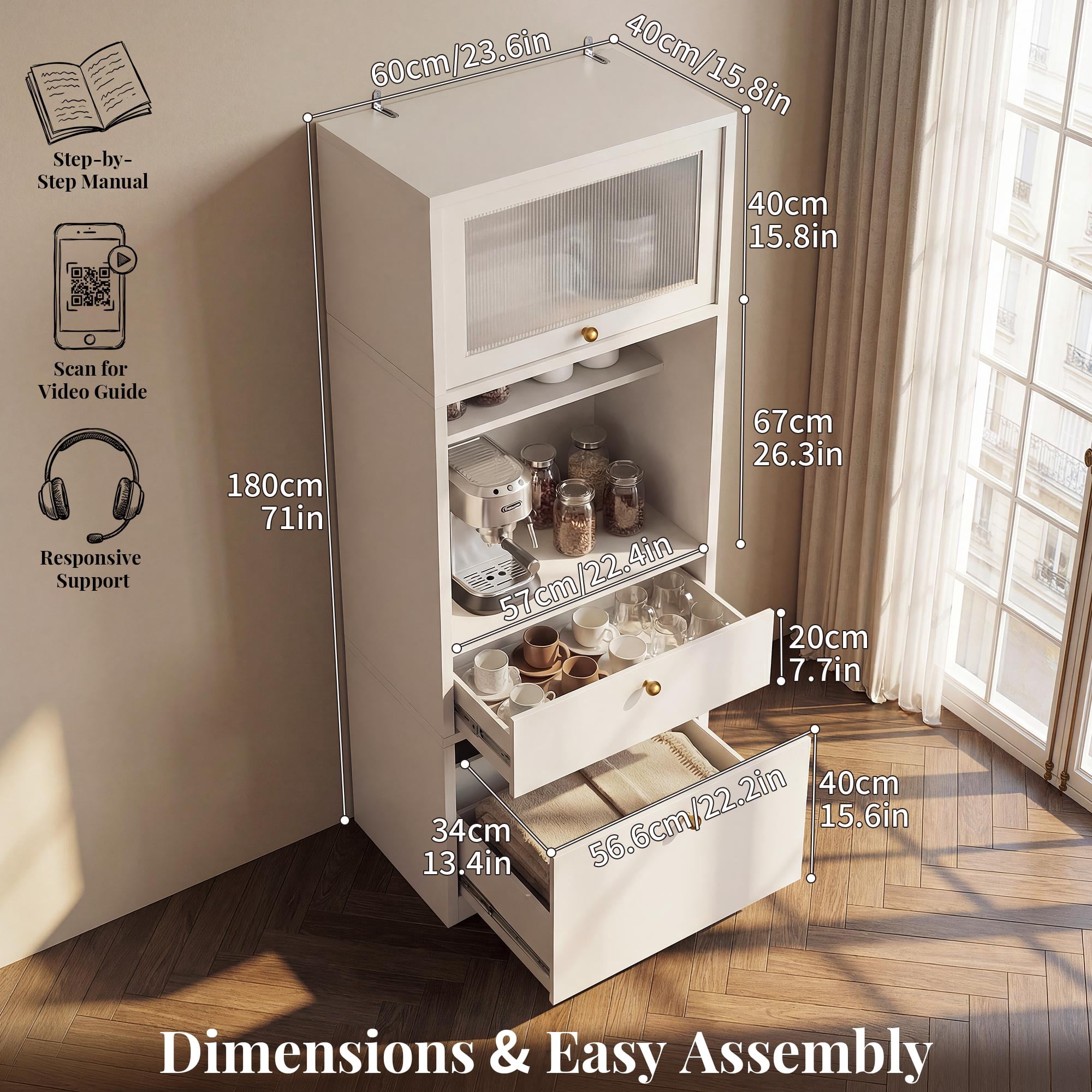OMCPET 71" Tall Storage Cabinet, Freestanding Kitchen Pantry with Fluted Glass Flip Door, 2 Drawers & Open Shelves for Kitchen Living Room, White