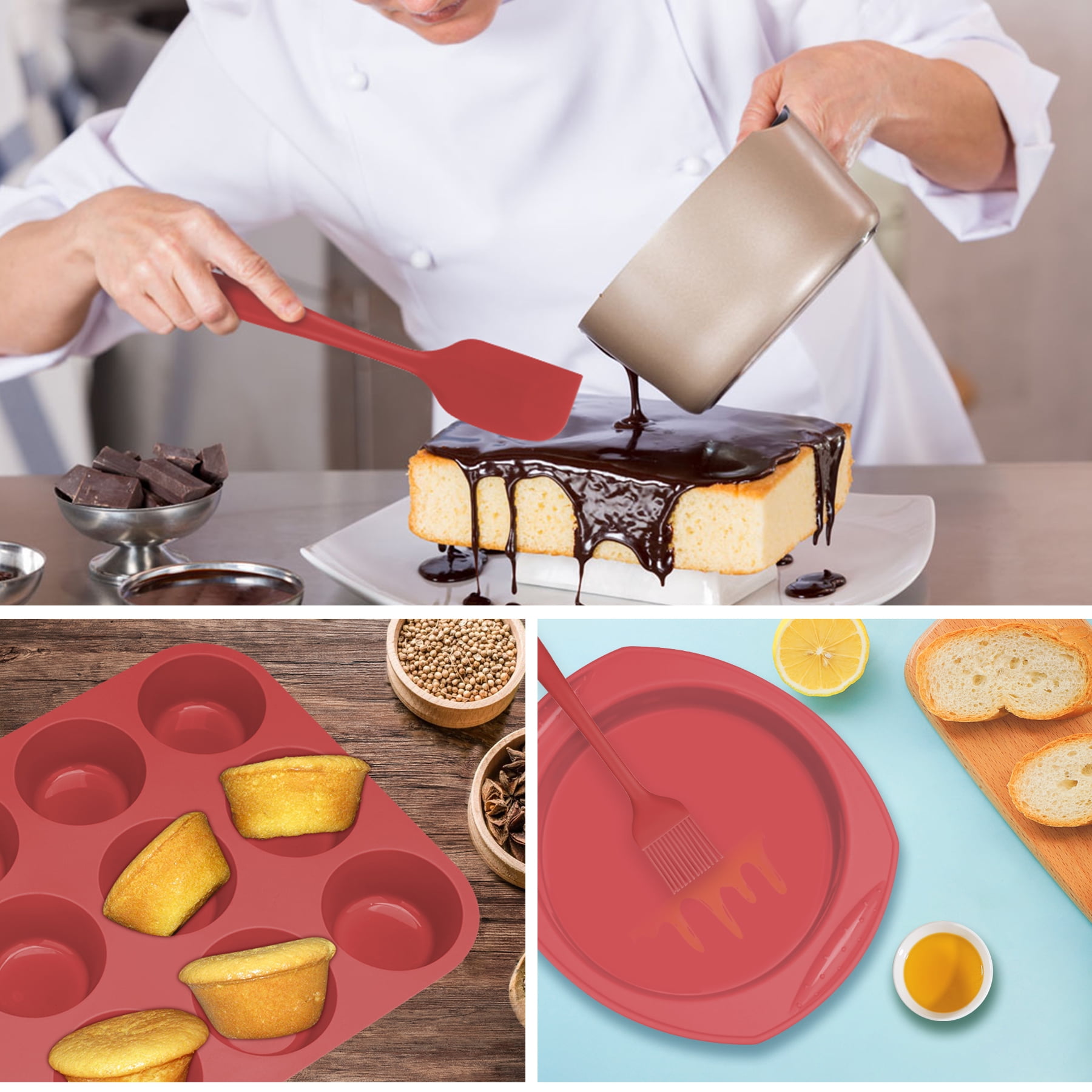 Aschef 7-Piece Non-Stick Silicone Baking Tray Set, Muffin, Loaf, Bread, Pizza, and Cake Pan-Red