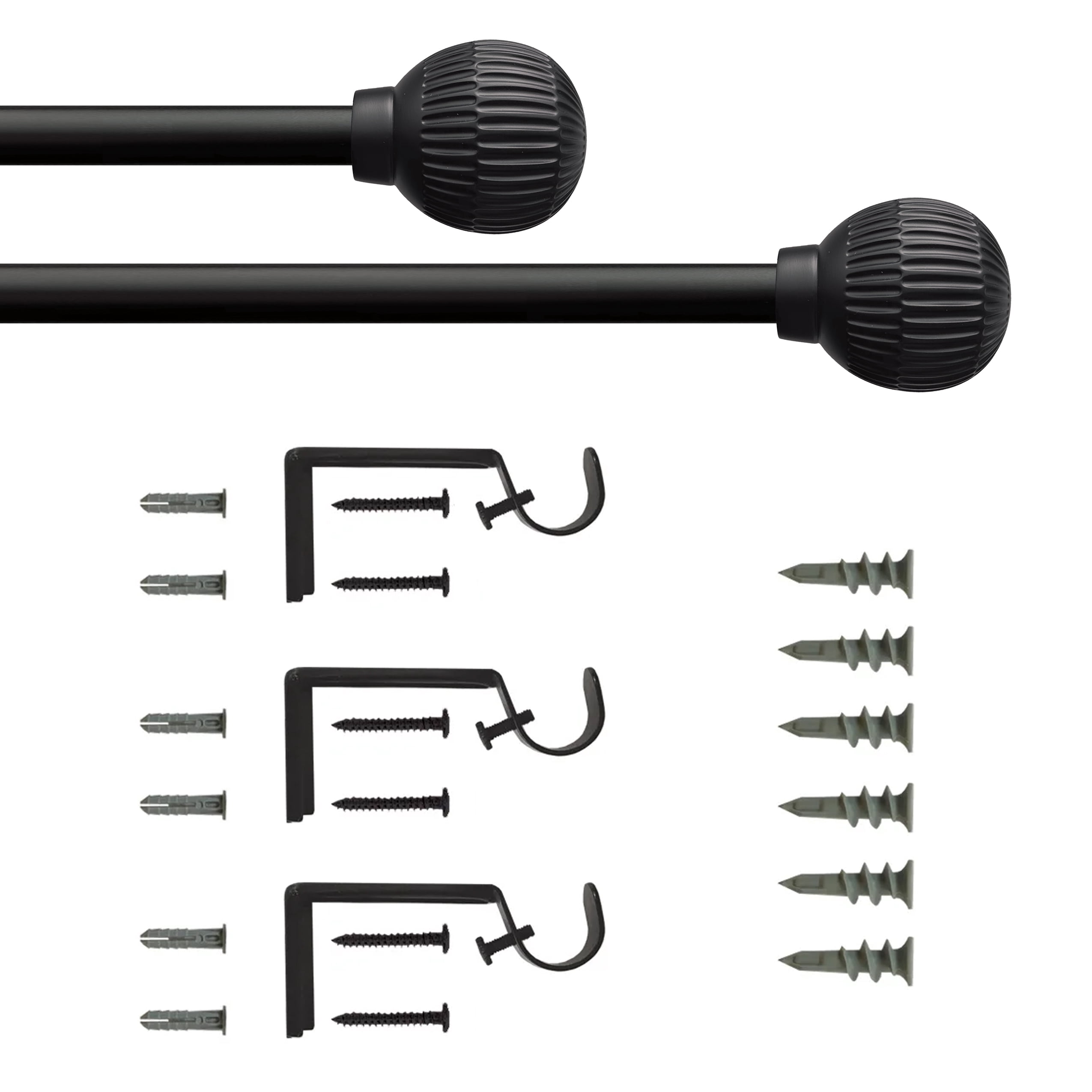 Mainstays 3/4" Matte Black Ribbed Ball Adjustable Single Curtain Rod, 30-84"