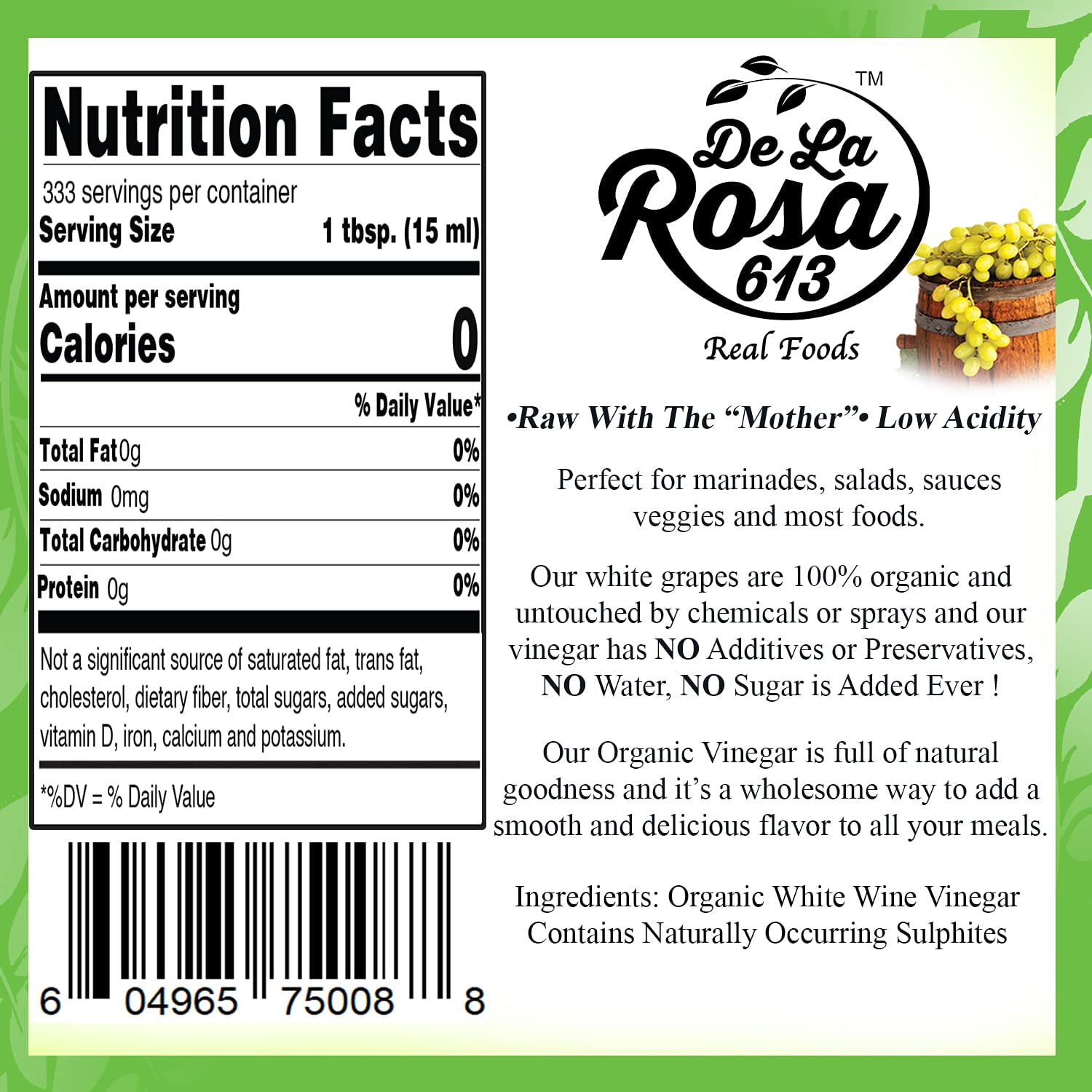 De La Rosa 613 Organic White Wine Vinegar, Filtered, Vegan, Gluten-Free, 5 Liters