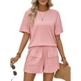 thumbnail image 3 of Women Matching Shorts Knitted Pockets Sets Fall Round Neck 2 Piece Set Summer Short Sleeve Lounge Sets Pink XL, 3 of 9