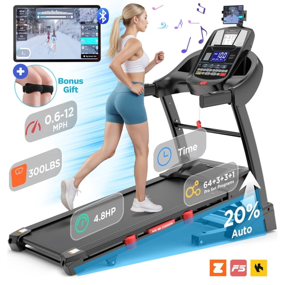 4.75HP Treadmill with Auto Incline, 20% Incline Running Treadmills for Home, Wide Folding Treadmill with Heart Monitor, Dual HiFi Speakers, 300 lb Weight Capacity