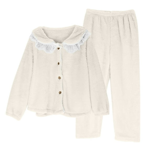 Lovskoo Women's Cute 2 Piece Pajamas Outfit Fuzzy Fleece Solid Color Pajama Set Soft Warm Sleepwear Loungwear B-Beige