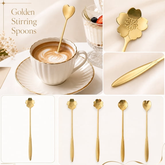 7-Inch Flower Spoon Coffee Teaspoon, Stainless Steel Coffee Teaspoon, Drink Stirring Spoon for Dessert, Coffee, Ice Cream, Tea (Gold)