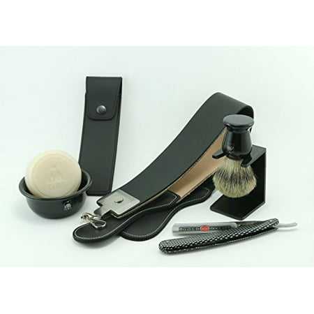 Newborn Gift Set Case - GBS Shaving Set - Comes in Gift Box - Gold Dollar Straight Razor Checkered Handle, Gbs Bowl, 100% Pure Badger Brush, Brush Stand, Ocean Driftwood Shaving Soap, Leather Case, 20