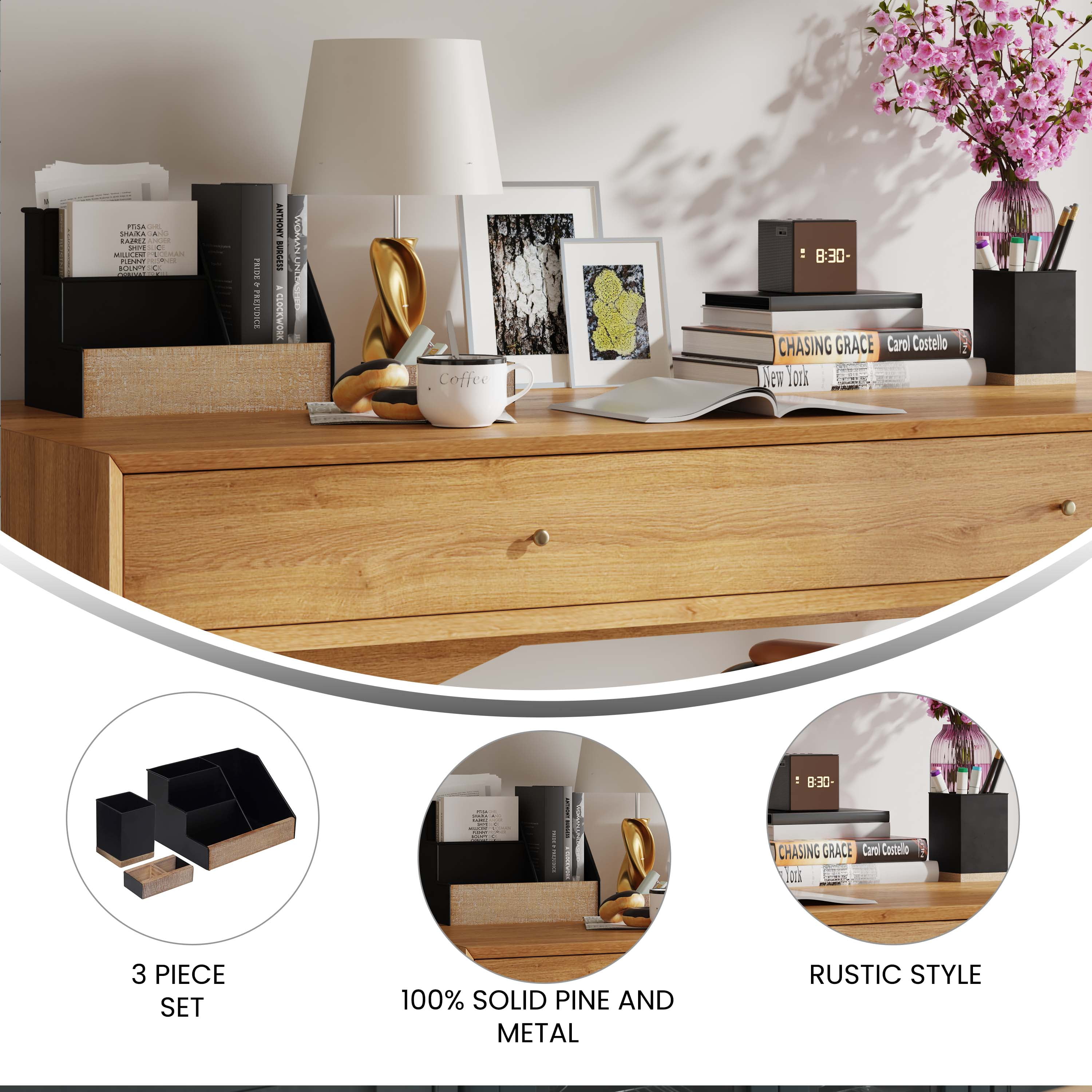 Merrick Lane 3 Piece Desk Organizer Set for Desktop, Countertop, or Vanity in Black Finished Metal and Rustic Wood
