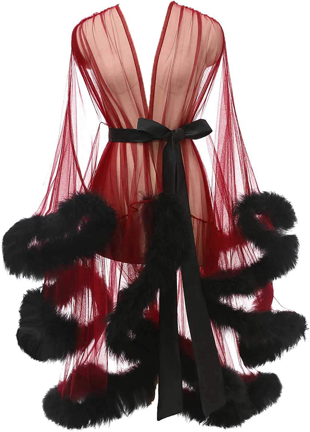 Yexinbridal Tulle Feather Robe Sexy Sheer Mesh Fur Bridal Illusion