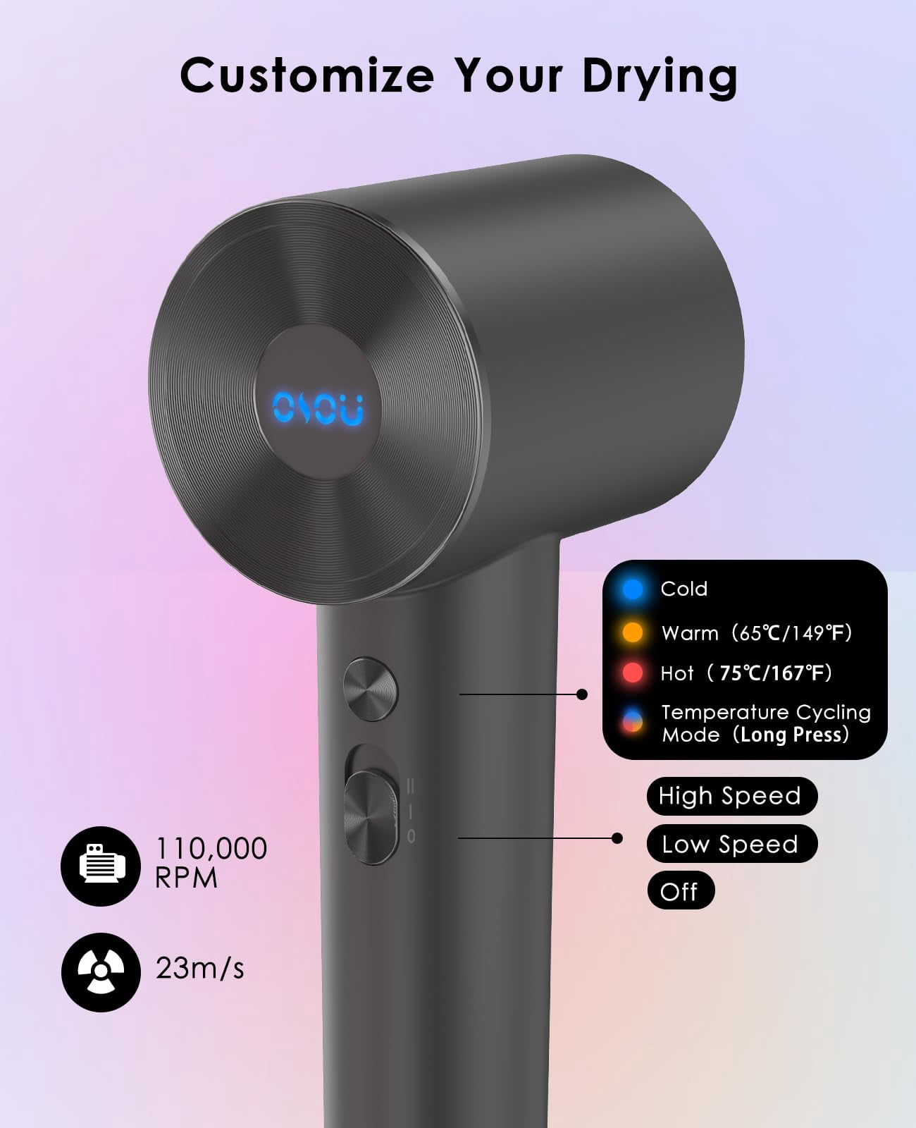 Negative Ionic Hair Dryer with 110,000 RPM Motor - High-Speed Lightweight Blow Dryer for Travel & Home Use, Fast Drying Low Noise Hair Drier with Smooth Nozzle, Black