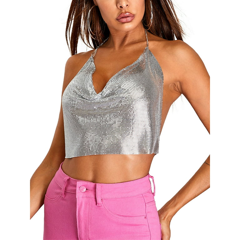 Women Sling Metal Sequins Halter Back Shirt Cushion with Adjustable V-Neck  Halter Party Sling Top
