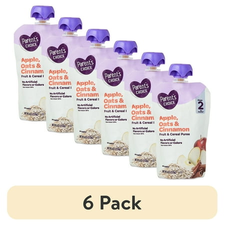 (6 pack) Parent's Choice Stage 2 Baby Food Apple, Cinnamon, and Oats Fruit and Cereal Puree, 4 oz Pouch