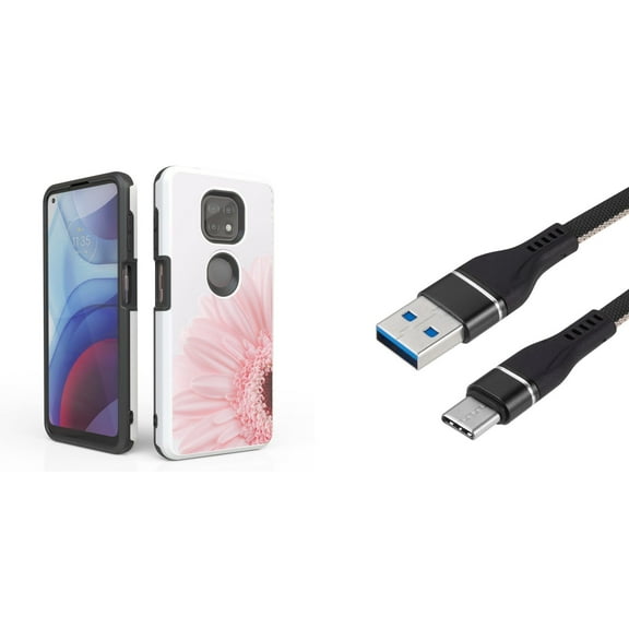 Bemz Accessory Bundle for Moto G Power (2021) Case with: Dual Shield Slim Rugged Hybrid Protective Cover, Fast Charging Sync USB-C to USB-A Cable (3 Feet) and Touch Tool - Pink Sunflower