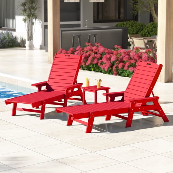 WestinTrends Malibu 3-Piece Outdoor Chaise Lounge Set with Side Table, All-Weather Poly Lumber, 5-Position Backrest, Lawn Pool Patio Furniture, Red