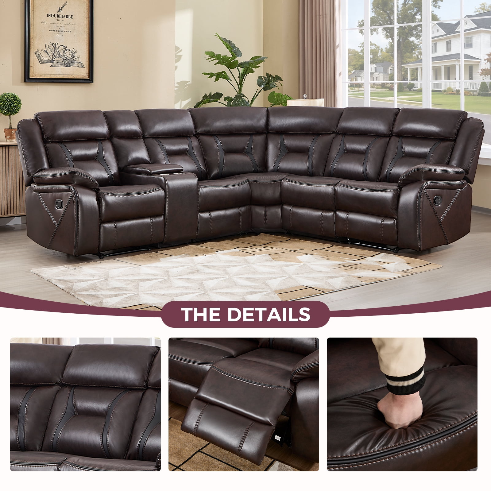 Bonzy Home 5‑Seat Reclining Chair Sofa with Center Console, Hidden Storage & Cup Holders Couch for Living Room & Meeting Room