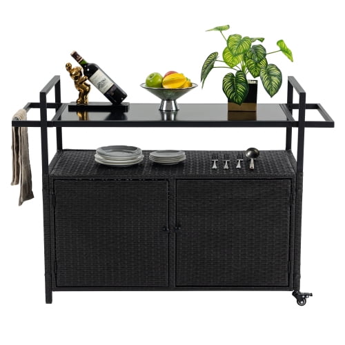 DEGUO Outdoor Wicker Bar Cart, Patio Wine Serving Cart w/Wheels, Rolling Rattan Beverage Bar Counter Table for Porch Backyard Garden Poolside Party, Black