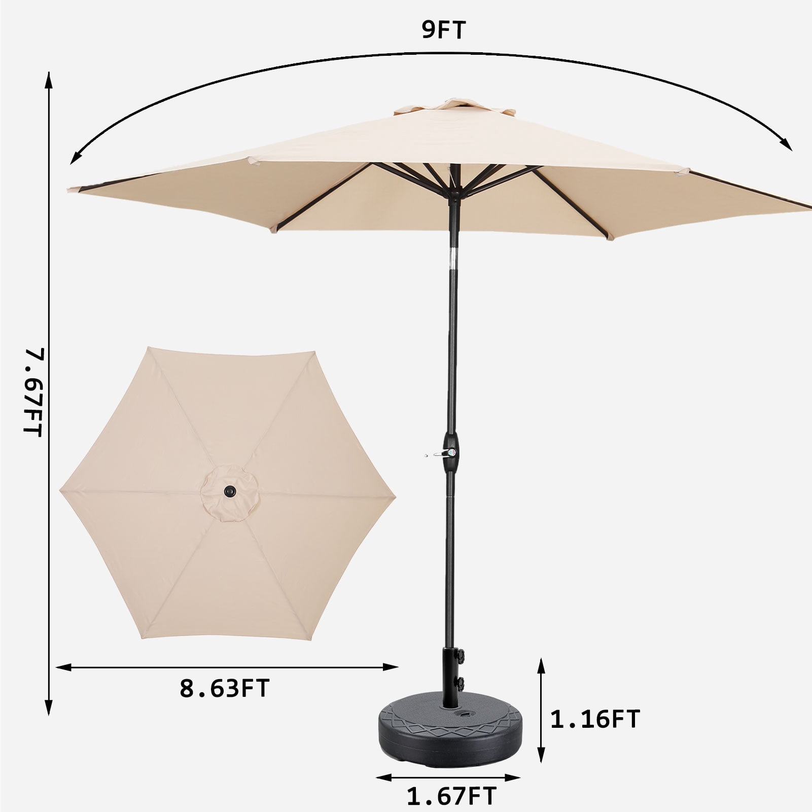 Autlaycil 9ft Outdoor Patio Umbrella with Base, 67 lbs Water or 95 lbs Sand Filled, Durable Ribs and Tilt for Market, Garden, Poolside - Beige