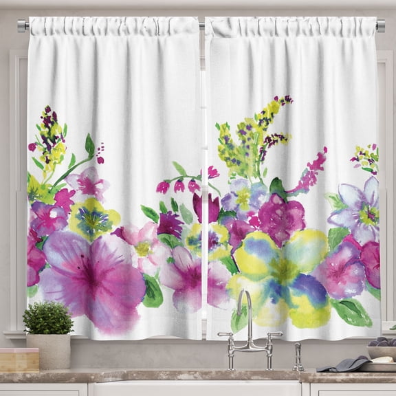 Ambesonne Floral Kitchen Curtains, Watercolor Garden, 55"x45", Pink Green