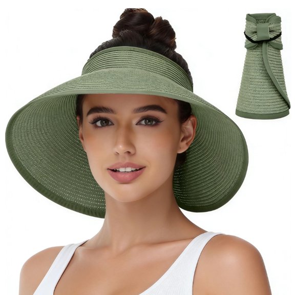 zrova Women's UV UPF Wide Brim Sun Hat - Foldable Straw Visor Beach Hat with Ponytail Hole, Packable Travel Summer Hat