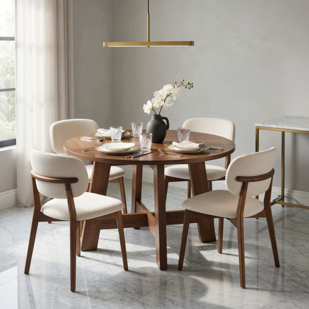 Hommoo 47 Inch Round Dining Table for 4-6 People, Modern Kitchen Table with Reinforced Cross Brace Base, Sturdy MDF Construction, Walnut