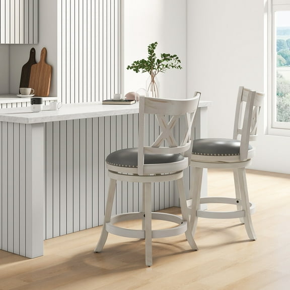 Amijoy 25.5" Hand-Antiqued Bar Stool Set of 2 Swivel Counter Height 20" Wider Seat