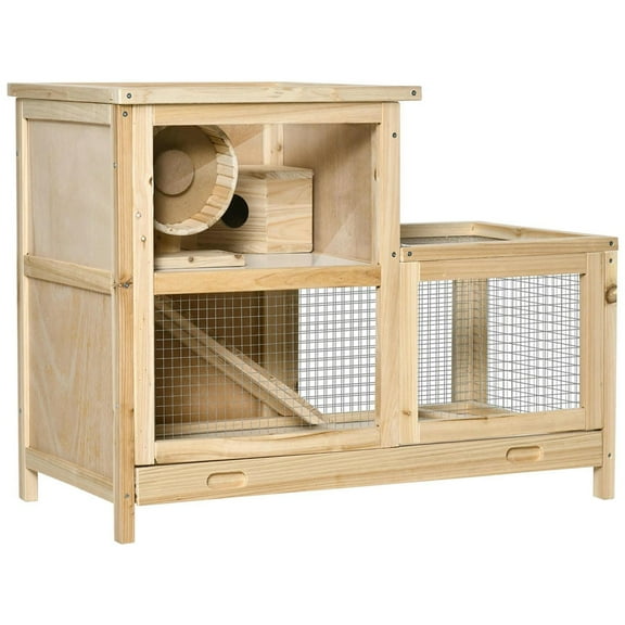 Spaco 2-Tier Wooden Hamster Cage, Small Animals Hutch, w/ Seesaw, Bottom Tray, Spacious Cage, Beige