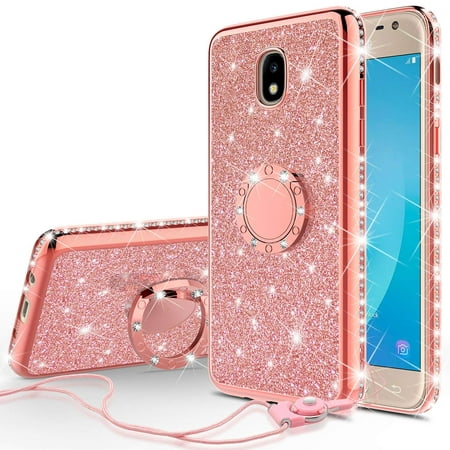 Cute Girls Women Glitter Phone Case for Samsung Galaxy J7 Star Case,J7v 2nd Gen,J7 2018,J7 Crown,J7 Refine Case Kickstand Bling Diamond Bumper Ring Stand Thin Clear Sparkly,Rose