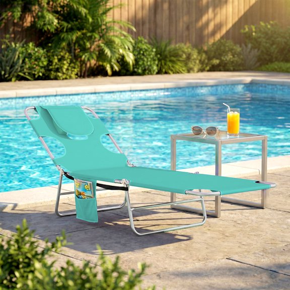 Outsunny Folding Beach Lounge Chair with Face Hole and Arm Slots, 5-level Adjustable Sun Lounger Tanning Chair with Pillow, Light Green