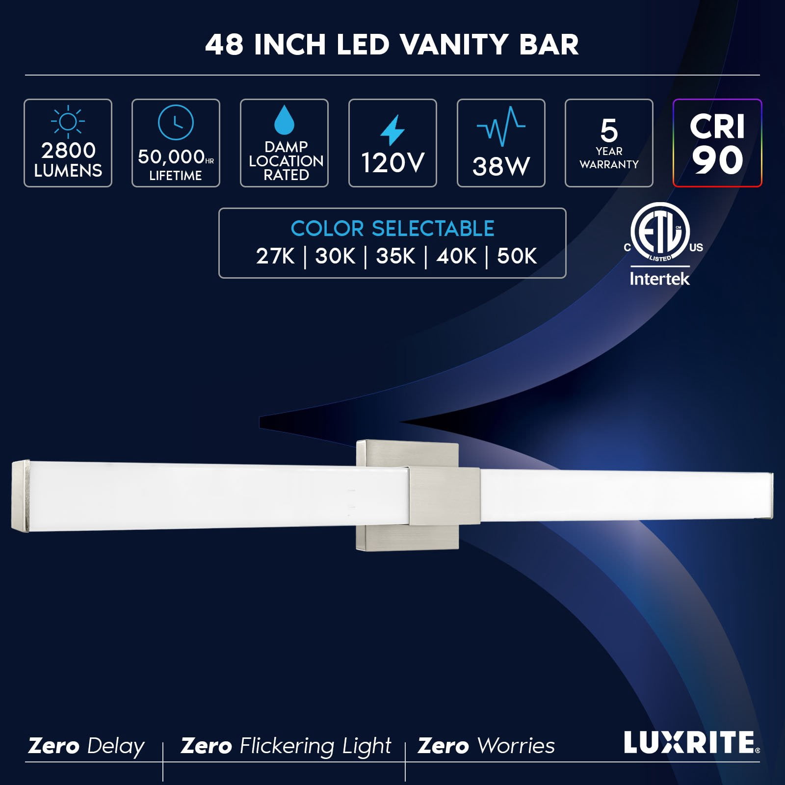 Luxrite LED Bathroom Vanity Light Fixtures Square 48 Inch Brushed Nickel 5 CCT 2700K-5000K 38W 2800 Lumens Dimmable