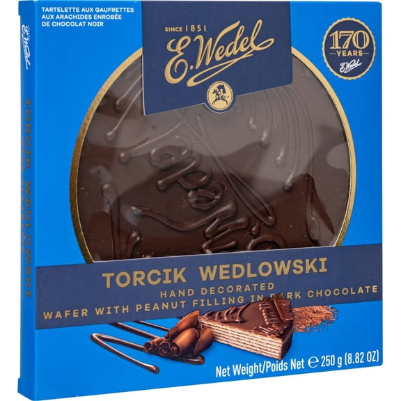 E. Wedel, Torcik Wedlowski, Polish Hand Decorated Wafer Cake with Peanut Filling in Dark Chocolate, 250g/8.82oz